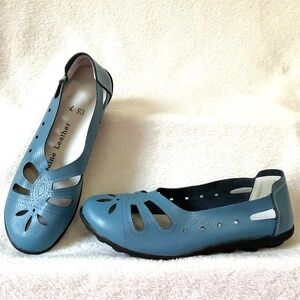 Blue Genuine Leather Minimalist Comfort Slip On Flats Cutout Shoes Size 7
